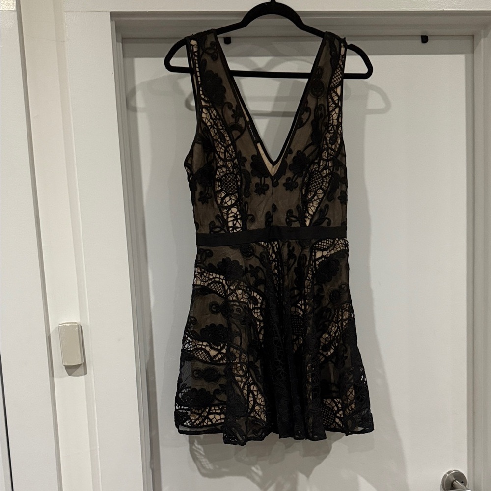 bebe Black and Tan Lace Mini Dress
